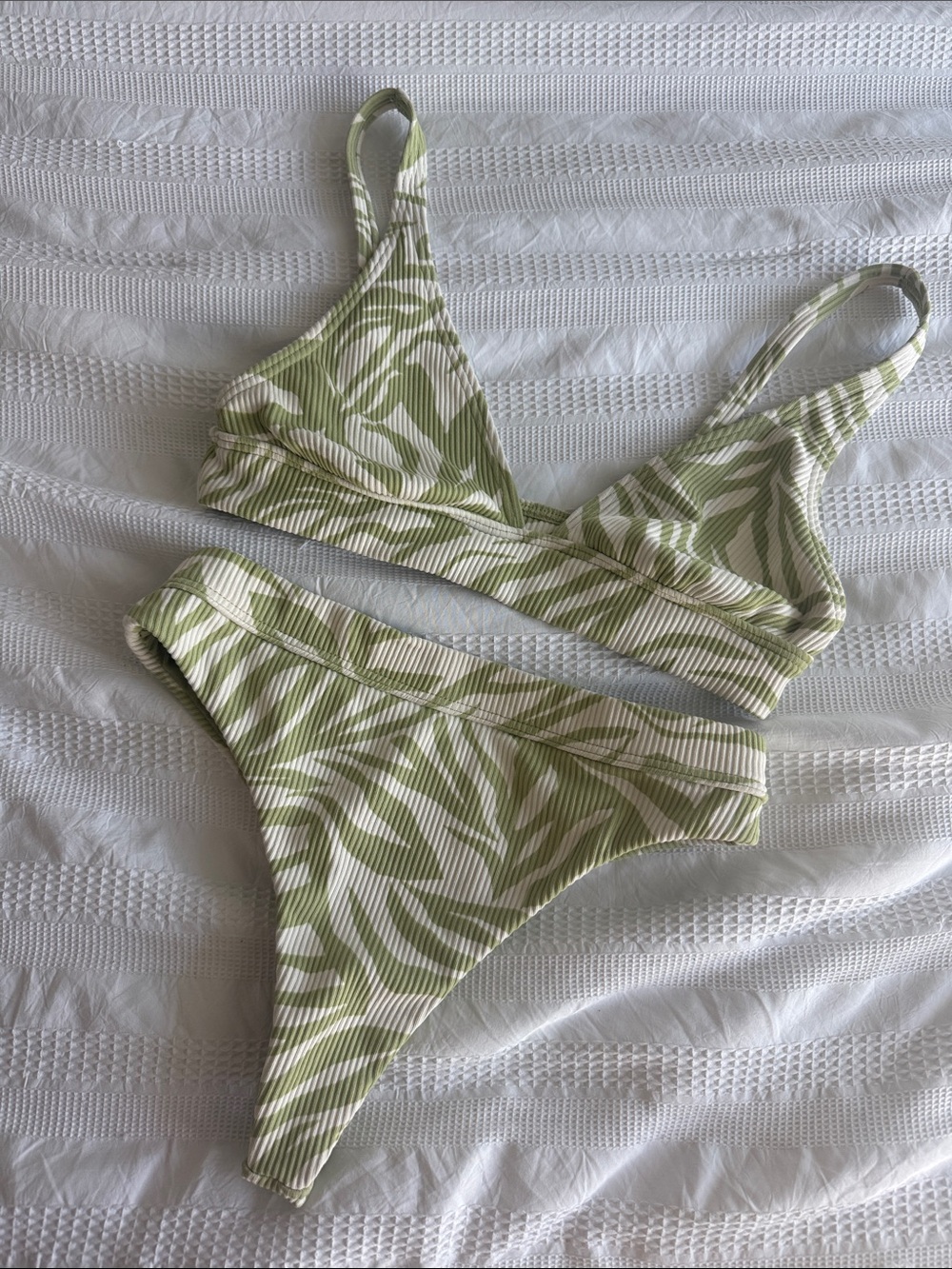 Billabong Olive Green and White Leaf Print Ribbed Bikini